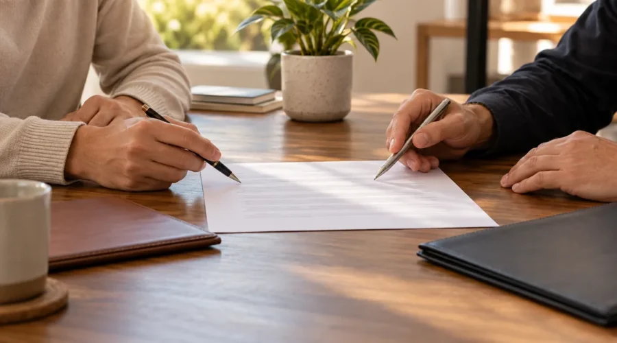 Duas pessoas revisam contrato de namoro com autonomia