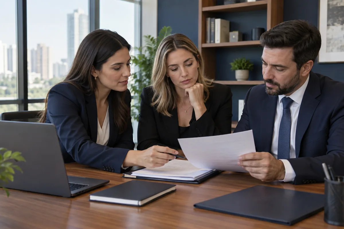 Partes e advogado analisam contrato de prestação de serviços