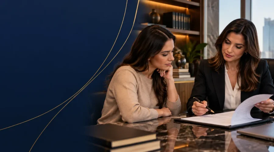 Advogada revisa modelo de contrato de prestação de serviços com cliente