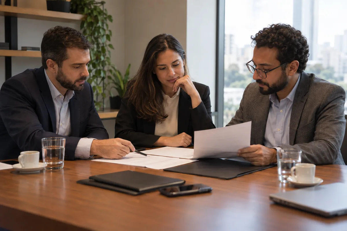 Sócios analisam cláusulas do contrato social em reunião