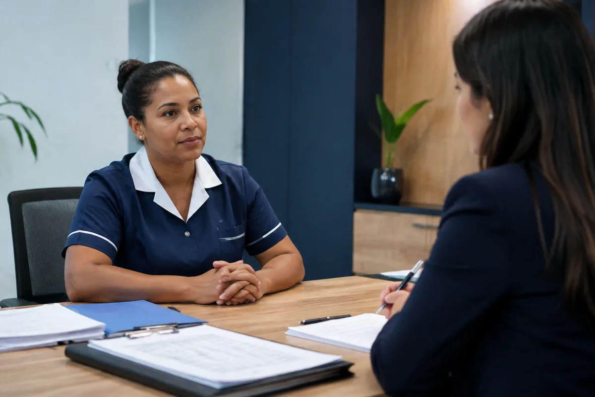 Empregada conversa com representante de RH sobre jornada