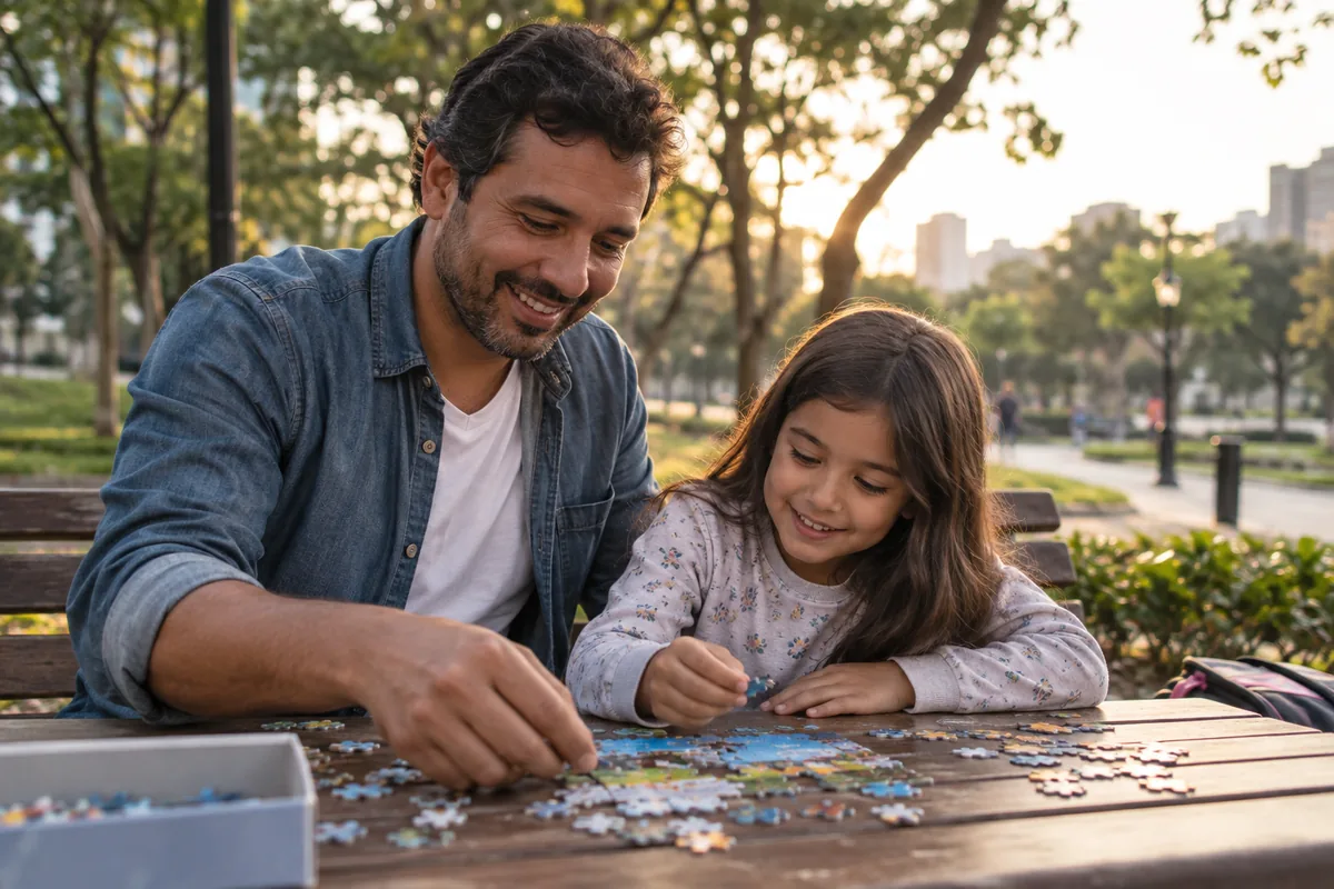 Pai e filha convivem em atividade cotidiana no parque