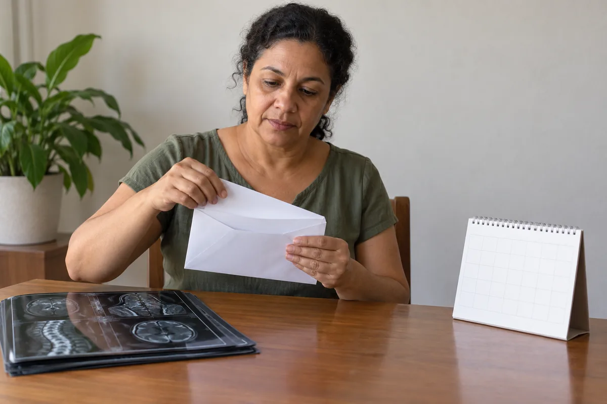 Beneficiária abre correspondência ao lado de exames e calendário