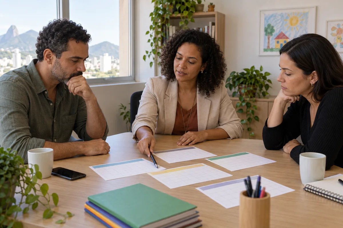Pai e mãe conversam com profissional sobre calendário da criança
