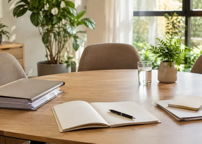 Mesa de reunião preparada para planejamento de curatela