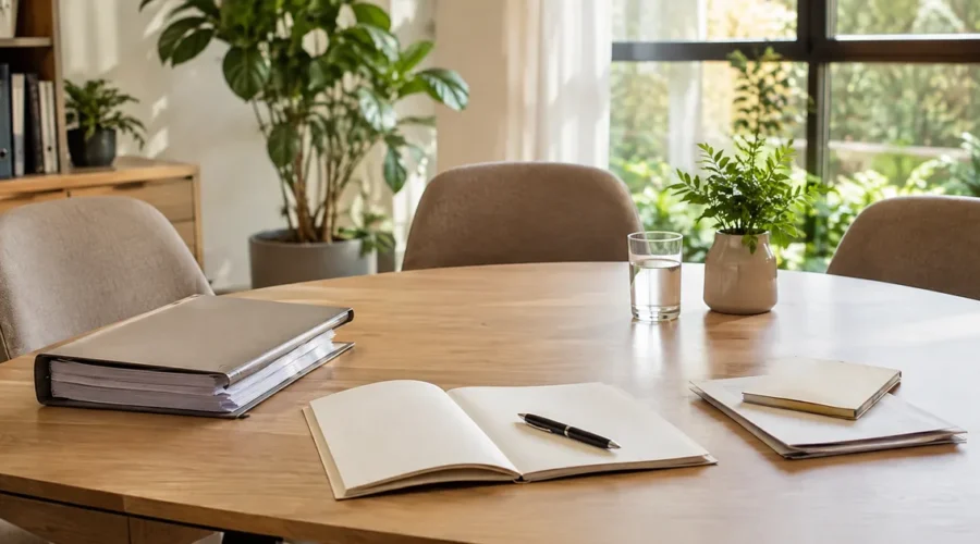 Mesa de reunião preparada para planejamento de curatela