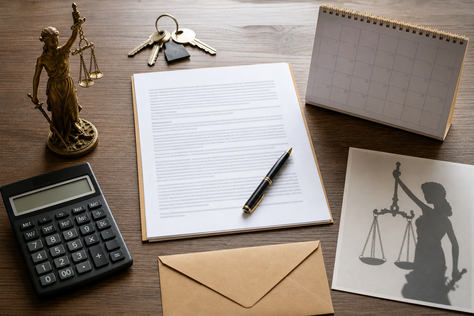 Calculadora, chaves, calendário e contrato usados para estimar custos do despejo