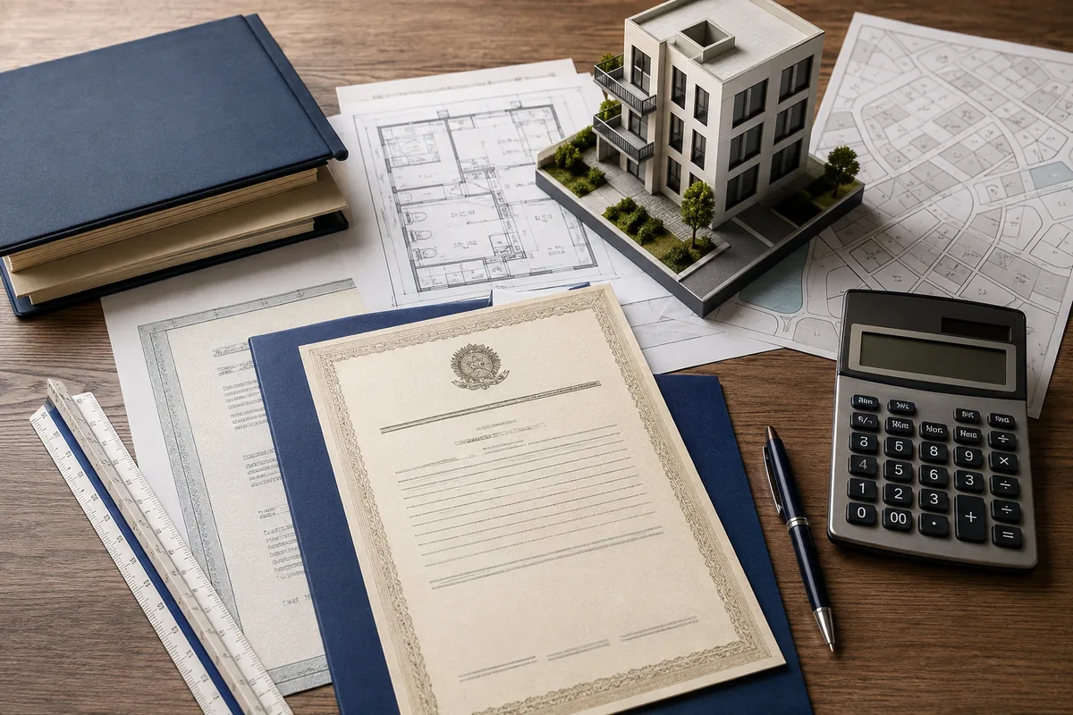 Documentos, planta, calculadora e modelo de edifício usados na regularização imobiliária