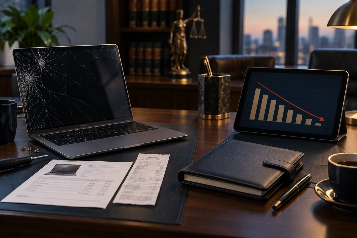 Notebook danificado e gráfico de receita ilustram dano emergente e lucros cessantes