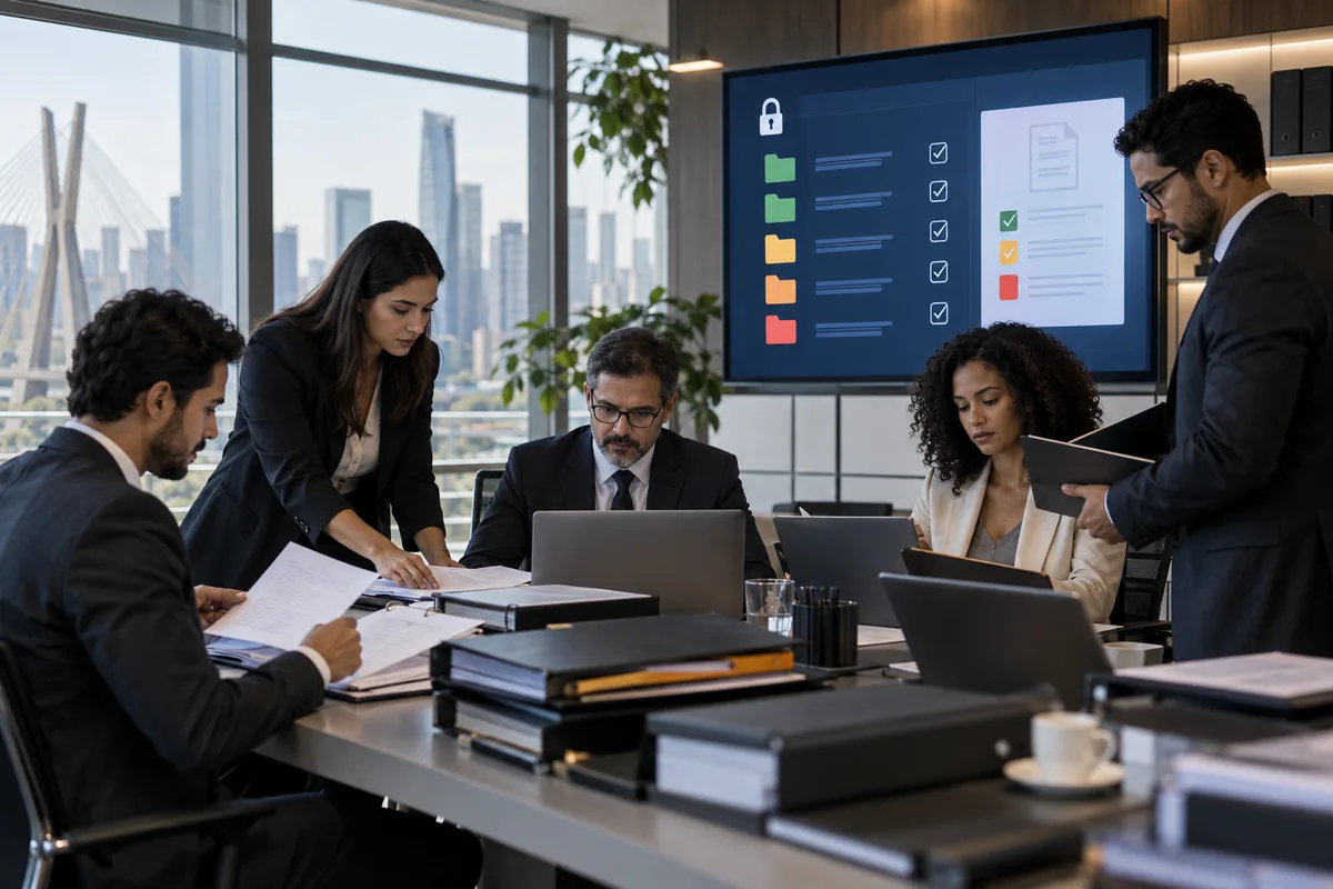 Equipe organiza documentos no data room da due diligence em M&A