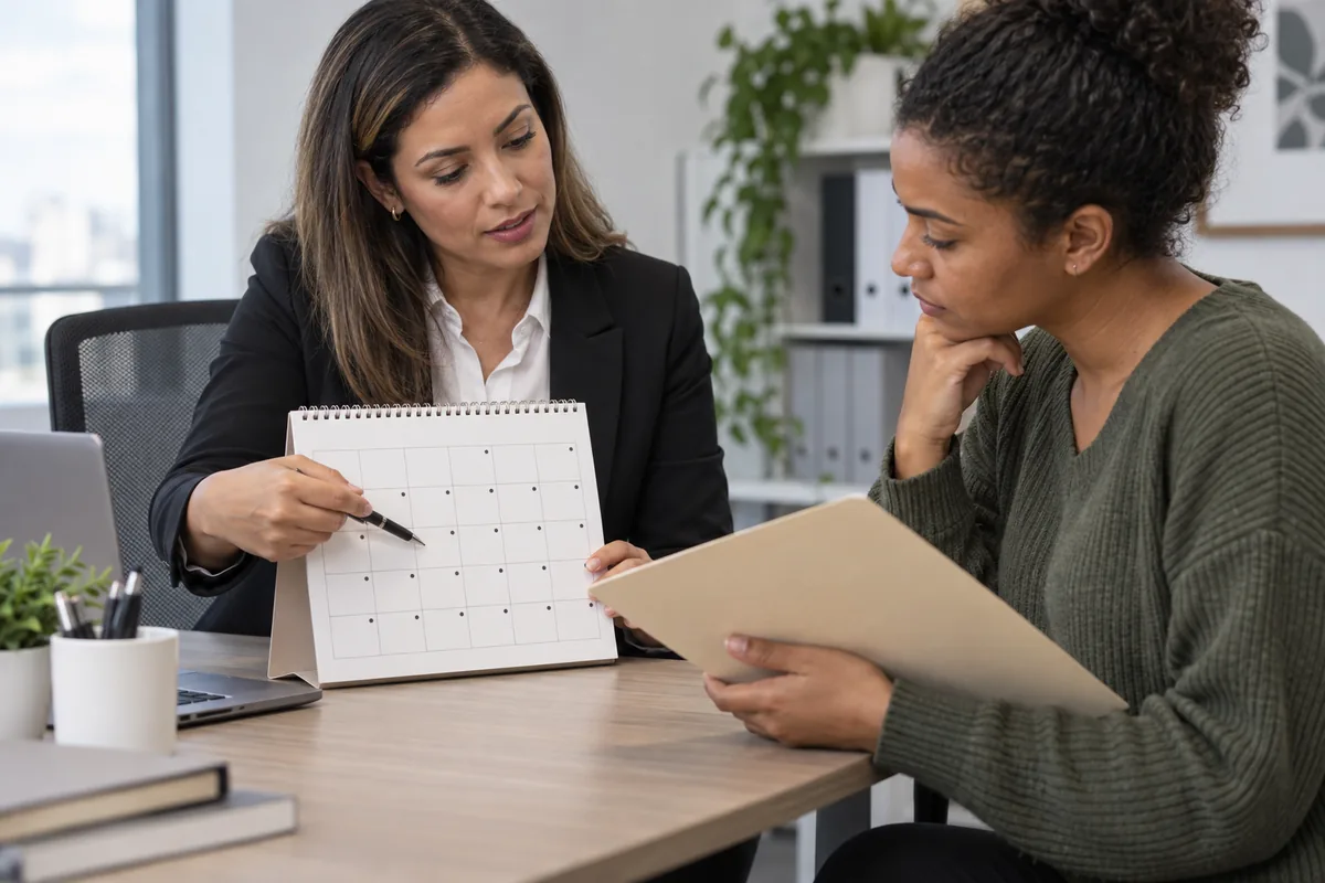 Profissional confere calendário com trabalhadora afastada