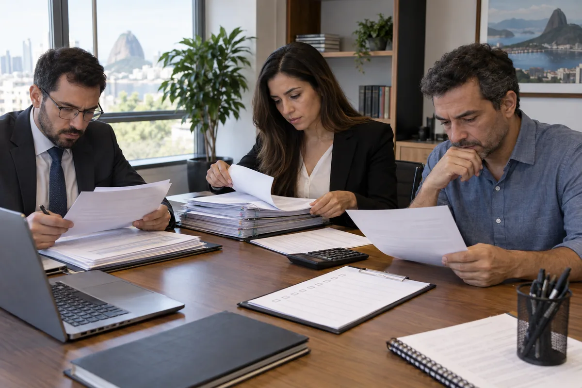 Advogado, contadora e empresário analisam documentos de defesa fiscal