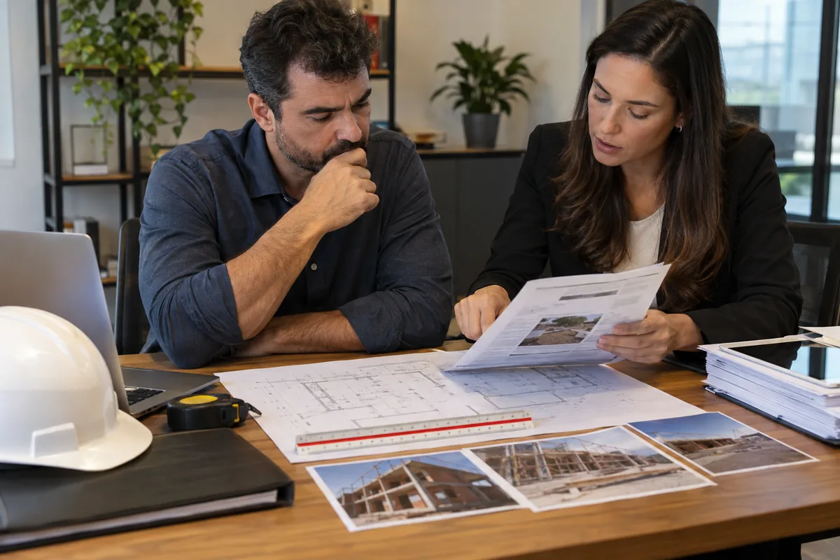Proprietário e arquiteta analisam auto de multa, planta e fotografias da obra