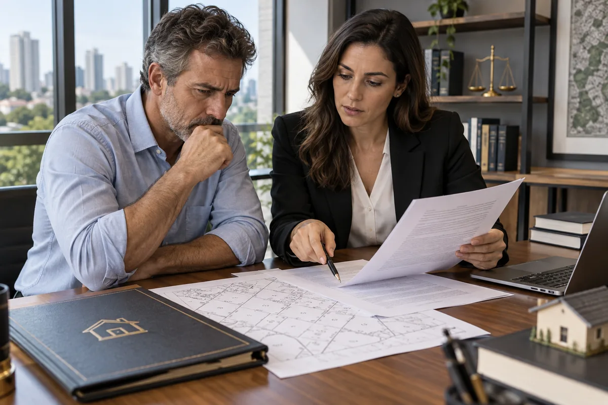 Proprietário e advogada analisam citação e planta de ação de usucapião