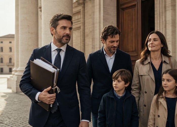 Família deixa o tribunal com advogado após audiência de cidadania italiana