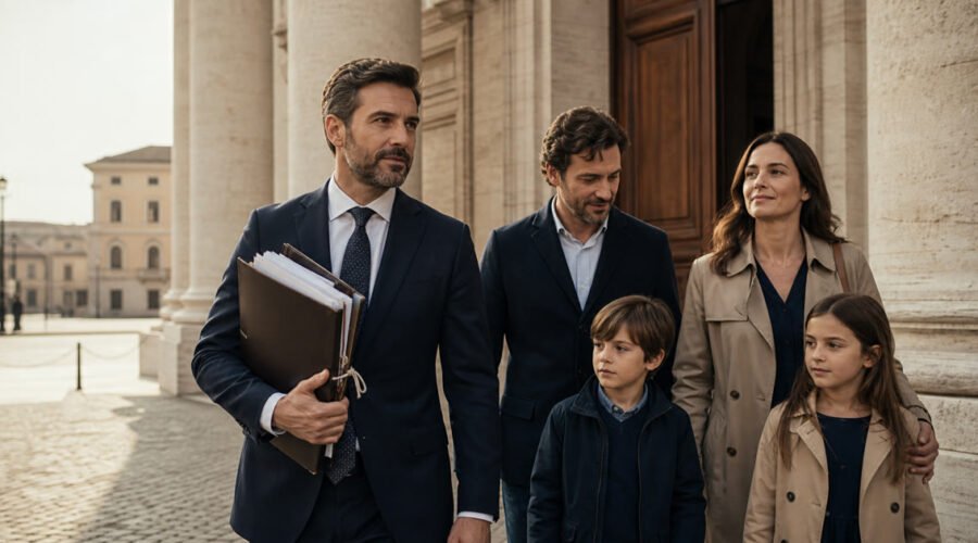 Família deixa o tribunal com advogado após audiência de cidadania italiana