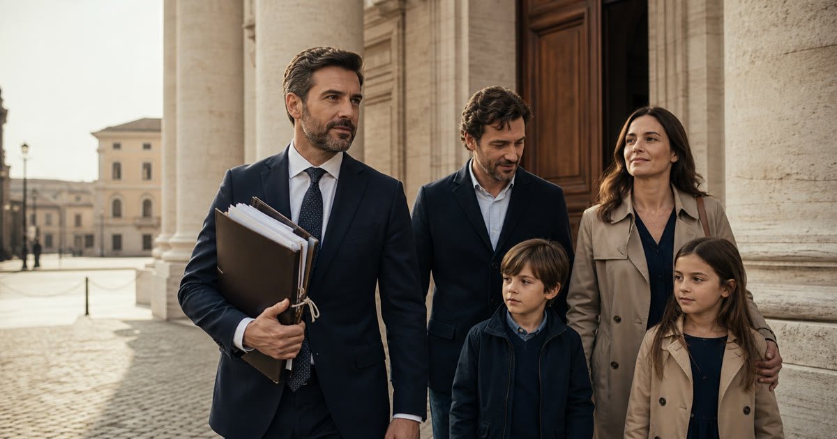 Família deixa o tribunal com advogado após audiência de cidadania italiana