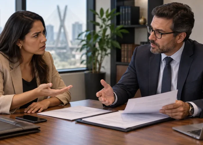 Consumidora conversa com advogado sobre empresa que não cumpriu o contrato