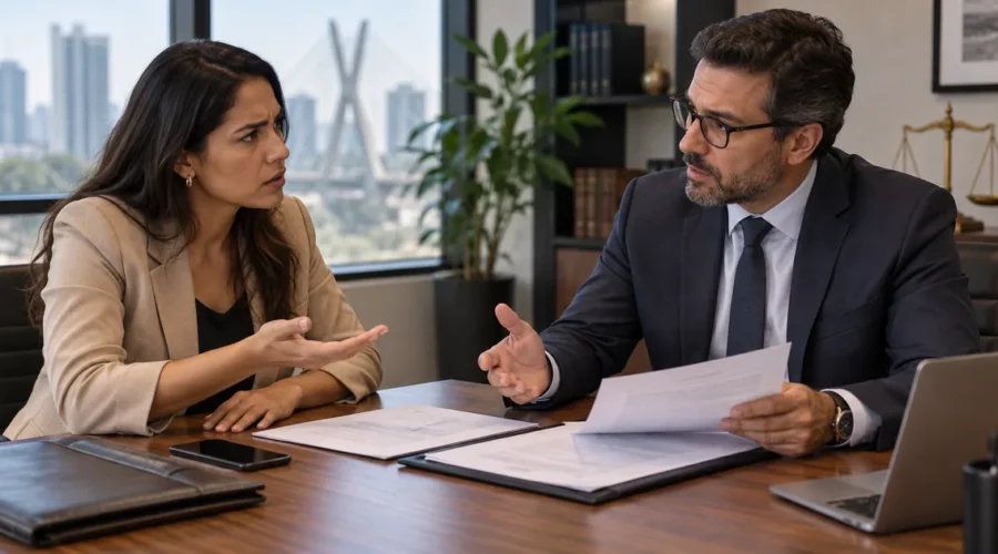 Consumidora conversa com advogado sobre empresa que não cumpriu o contrato