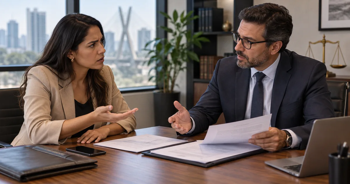 Consumidora conversa com advogado sobre empresa que não cumpriu o contrato