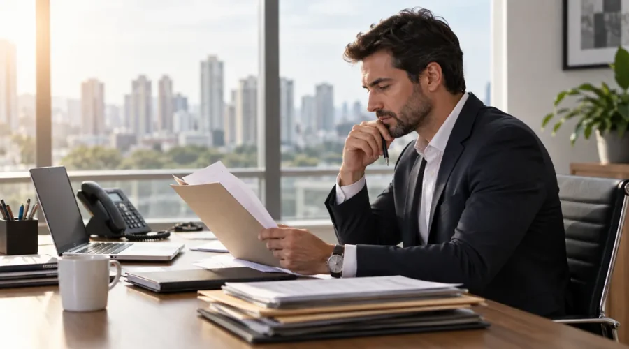 Empresário avalia documentos de dívida não paga