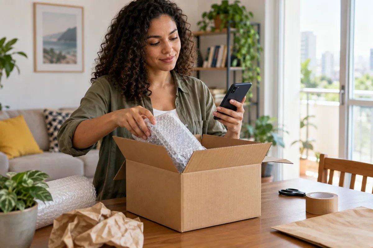 Consumidora prepara produto comprado online para devolução