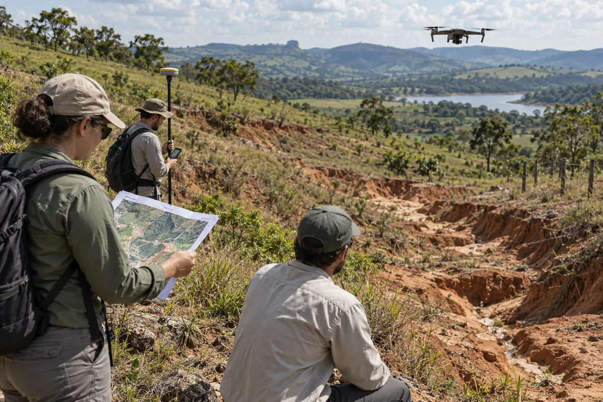 Equipe realiza diagnóstico de erosão em área rural degradada