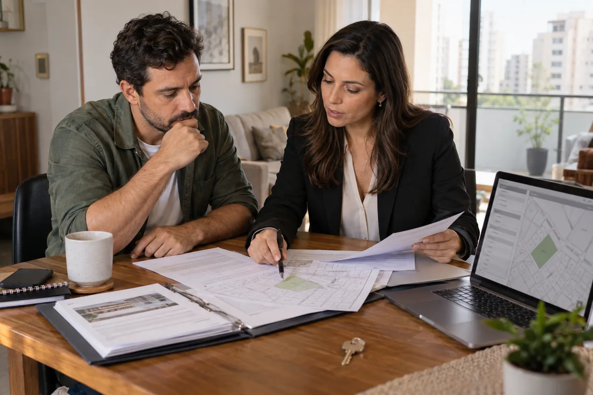 Proprietário e advogada analisam documentos para regularizar imóvel