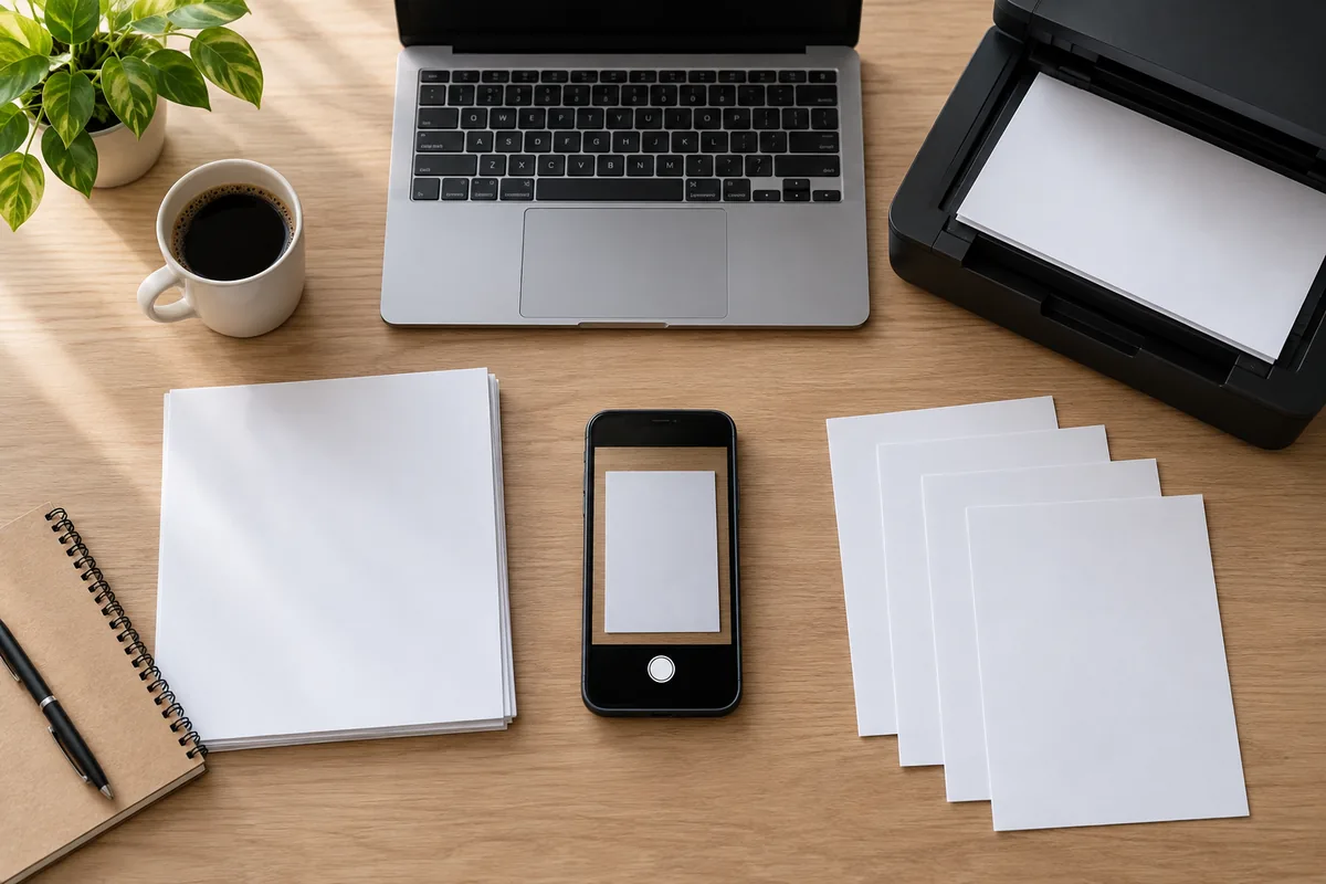 Mesa organizada para digitalizar documentos do pedido de pensão por morte