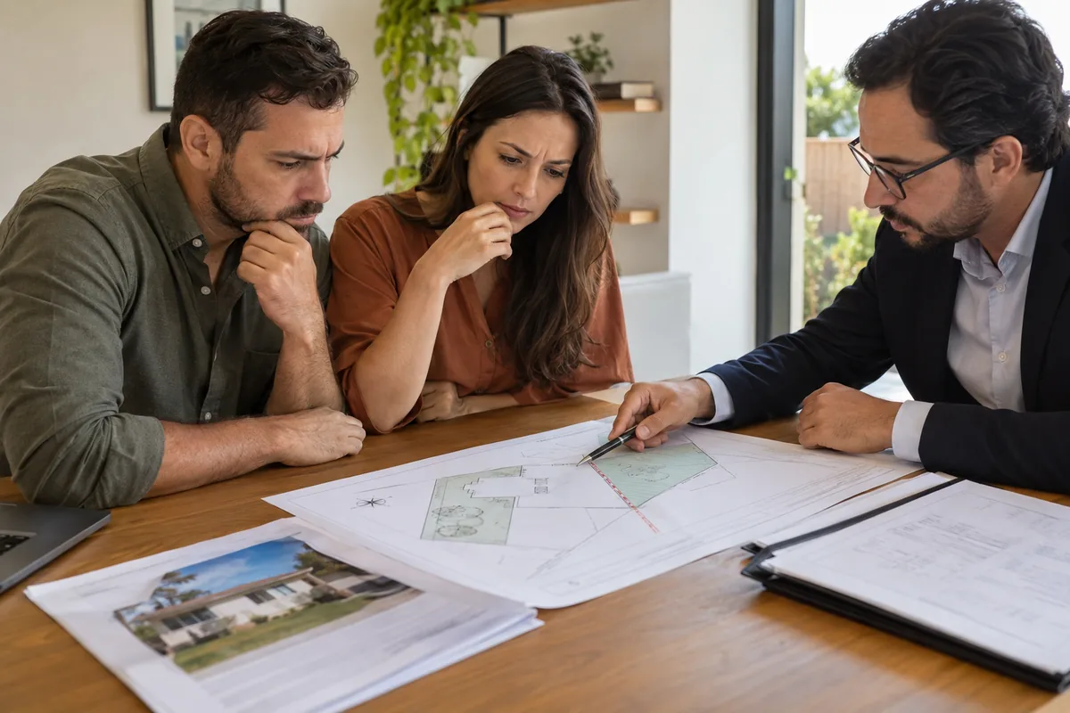 Casal e profissional analisam planta e documentos de uma casa