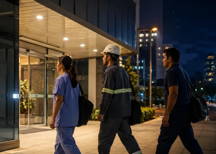 Profissionais chegando ao trabalho durante a noite