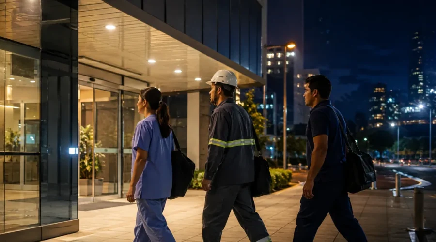 Profissionais chegando ao trabalho durante a noite