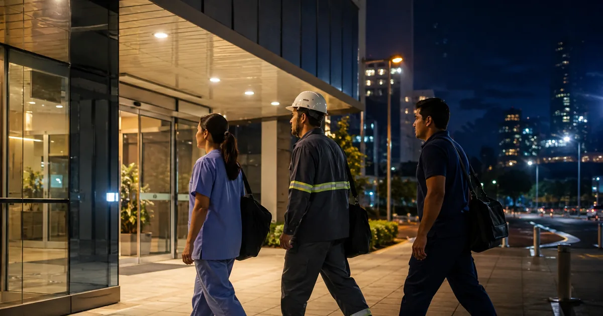 Profissionais chegando ao trabalho durante a noite