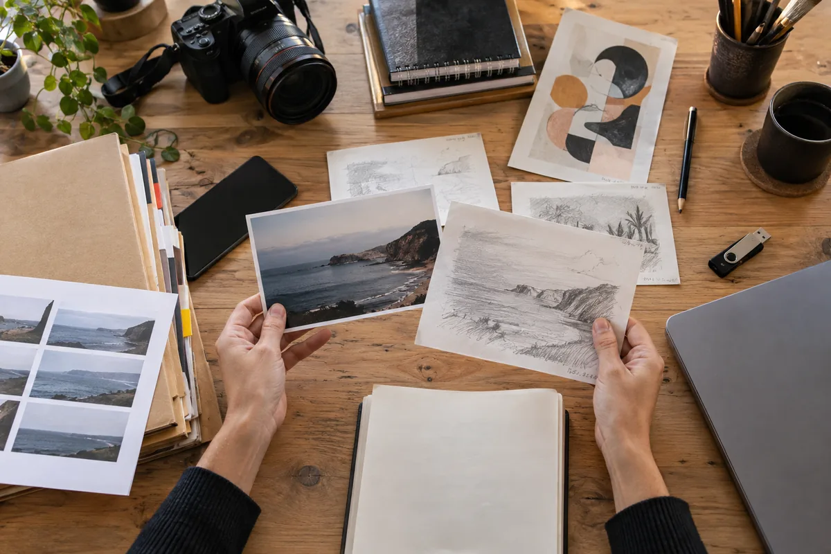 Mãos comparam fotografia e desenho entre arquivos de criação