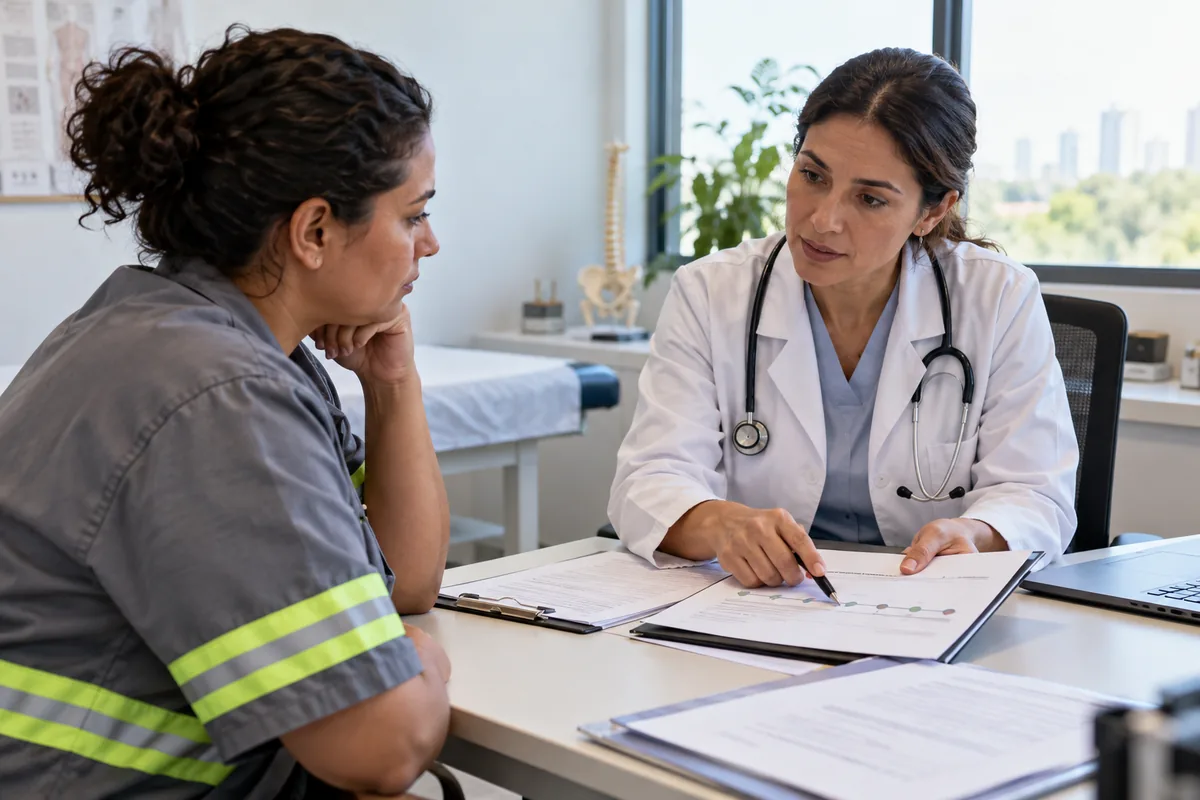 Médica orienta trabalhadora sobre afastamento por doença ocupacional