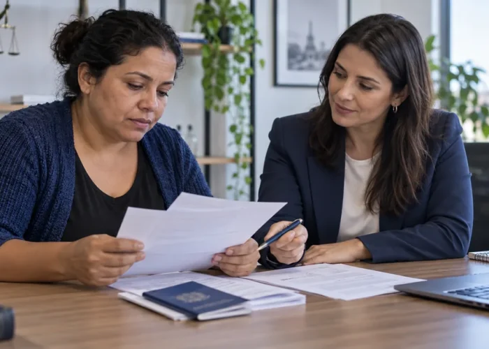 Trabalhadora analisa documentos sobre direitos por doença ocupacional