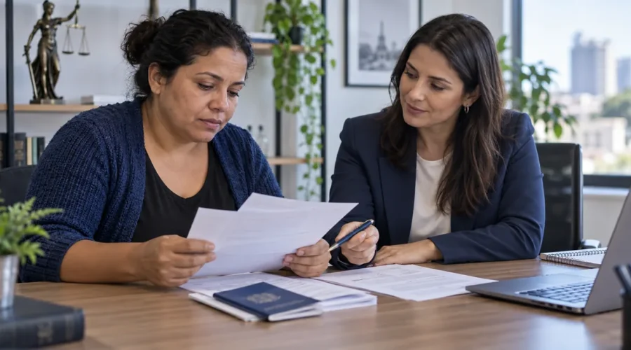 Trabalhadora analisa documentos sobre direitos por doença ocupacional