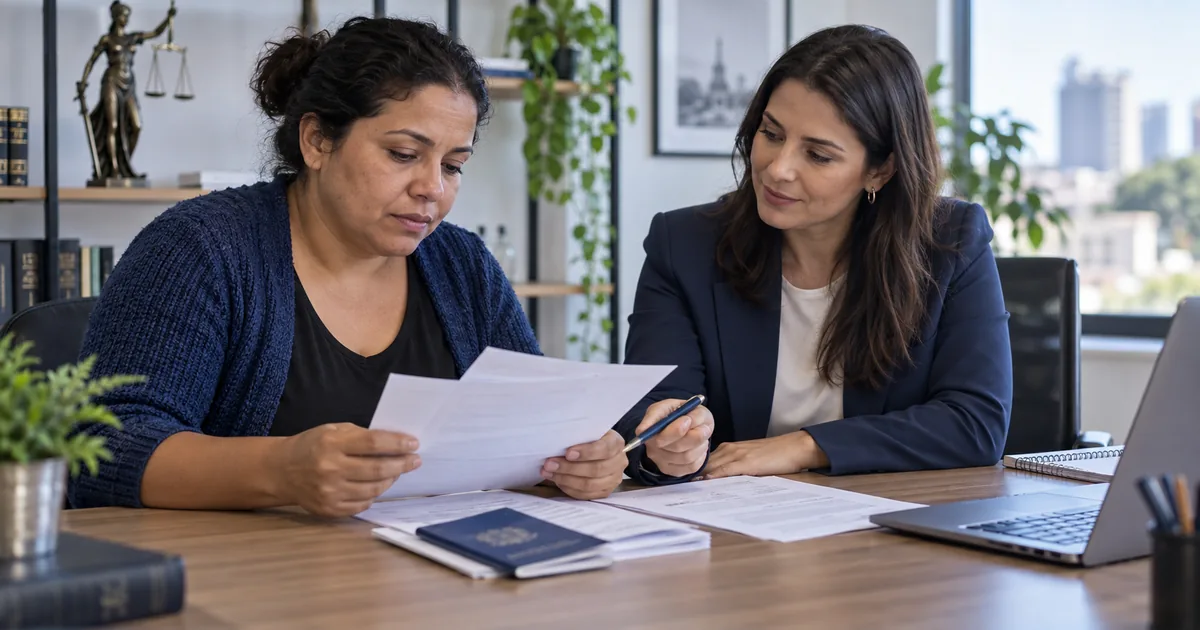 Trabalhadora analisa documentos sobre direitos por doença ocupacional