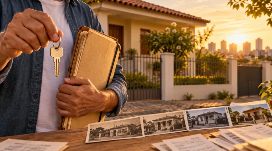 Possuidor com chaves e documentos diante de casa e fotografias cronológicas