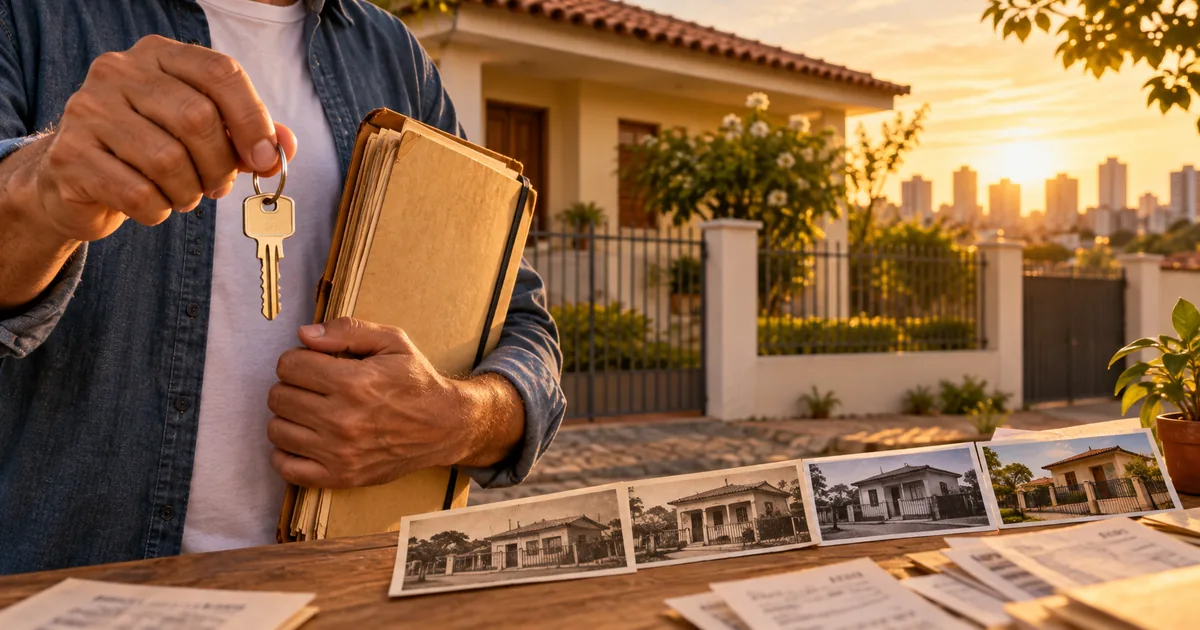 Possuidor com chaves e documentos diante de casa e fotografias cronológicas
