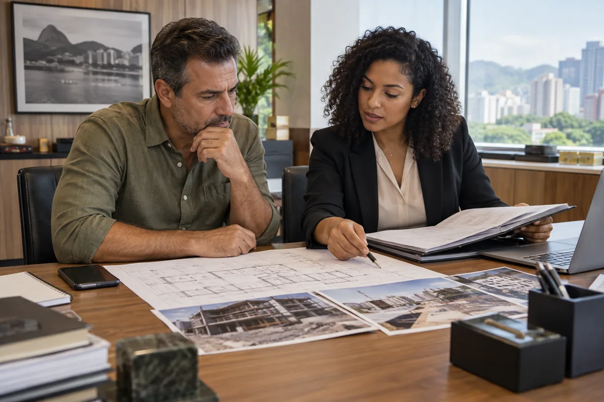 Proprietário e advogada analisam processo, planta e provas de construção