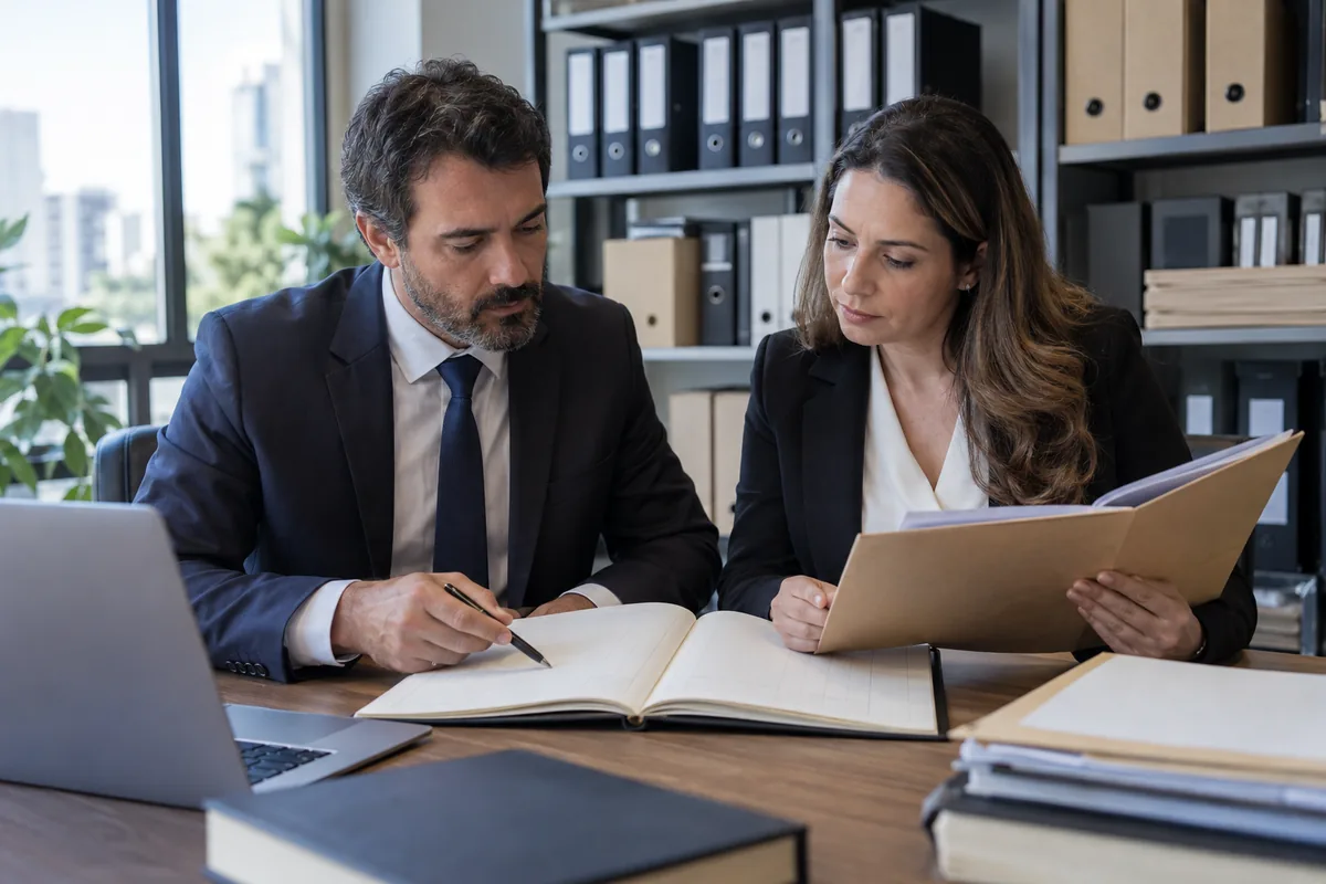 Sócio e advogada revisam livros e documentos da empresa