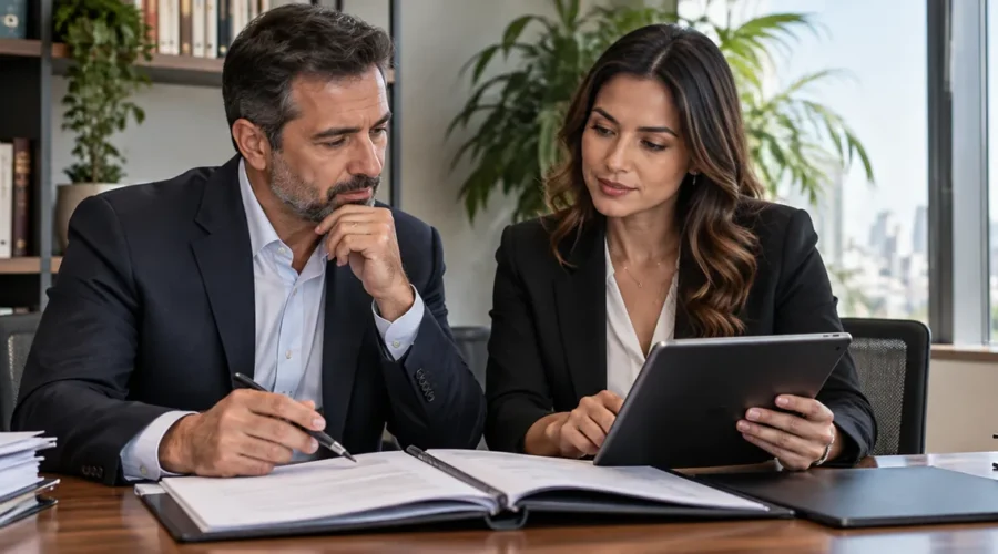 Sócio analisa registros da empresa com orientação jurídica