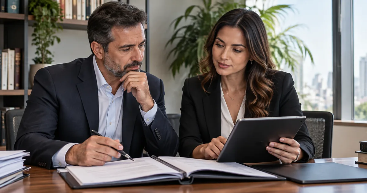 Sócio analisa registros da empresa com orientação jurídica