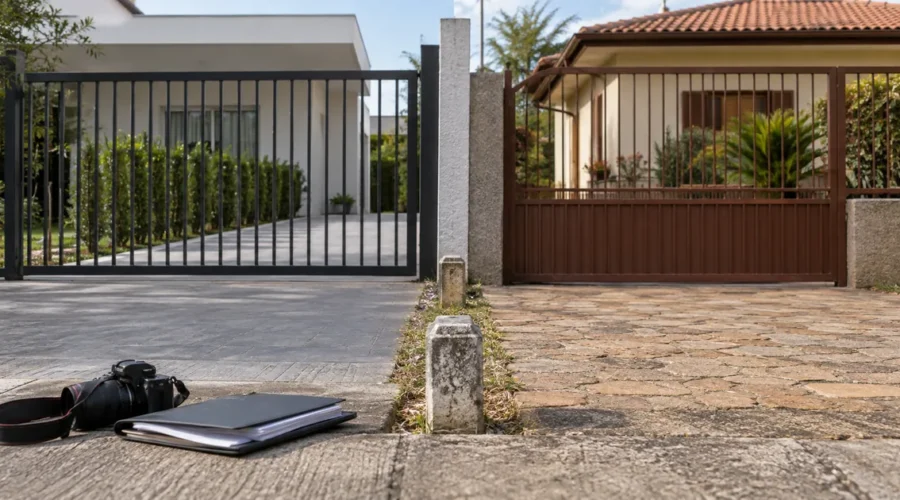 Divisa entre dois imóveis com câmera e documentos para registrar os fatos