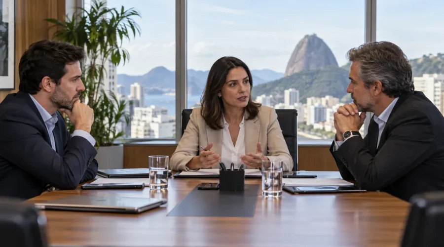 Mediadora conduz conversa entre sócios durante uma disputa empresarial