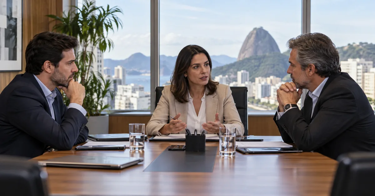 Mediadora conduz conversa entre sócios durante uma disputa empresarial