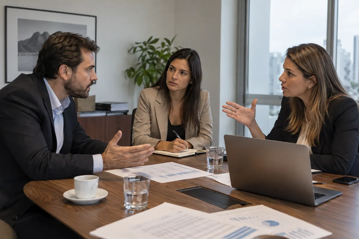 Sócios discutem decisões empresariais em uma reunião de governança