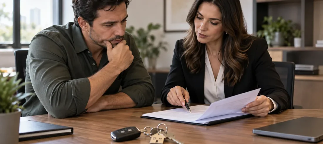 Dívida bancária com garantia – preview Cliente analisa contrato de dívida garantida com advogada bancária