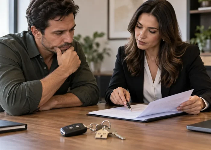 Cliente analisa contrato de dívida garantida com advogada bancária